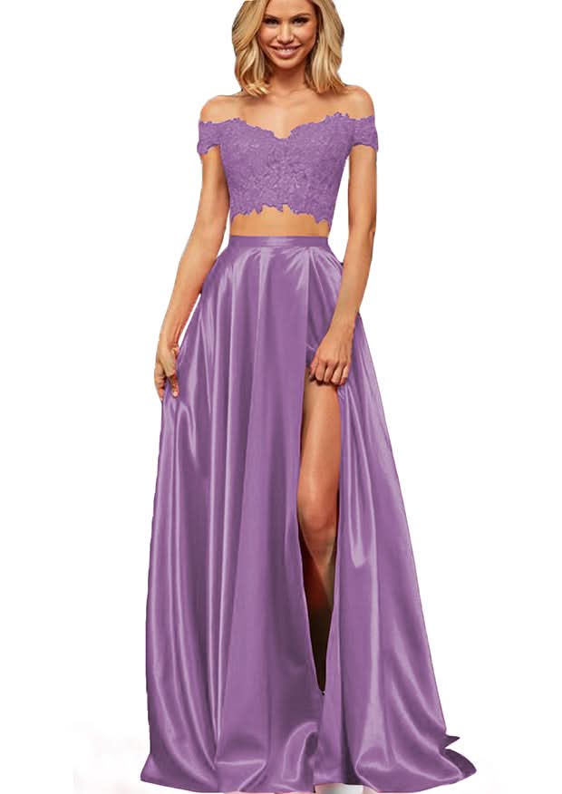 Off-the-Shoulder Two Pieces Prom Dress with Appliques and Slit BM bride