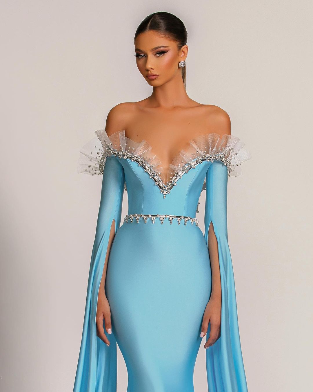 Baby Blue Evening Dress V-Neck with Long Sleeves Tulle Beadings BM bride