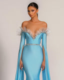 Baby Blue Evening Dress V-Neck with Long Sleeves Tulle Beadings BM bride