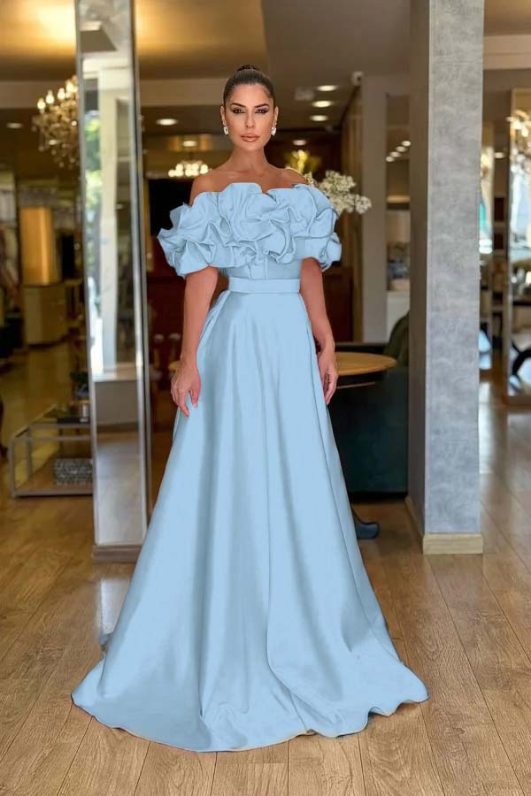 Off the Shoulder Sleeveless A Line Long Prom Dress With Pleated BMBRIDE