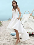 V-neck Spaghetti Straps A-Line High Low Wedding Dress With Pockets for a Fashionable Appeal BM bride