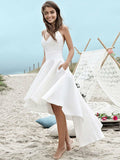 V-neck Spaghetti Straps A-Line High Low Wedding Dress With Pockets for a Fashionable Appeal BM bride