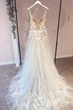 Sweetheart Spaghetti Strap A-Line Tulle Wedding Dress with Lace Appliques BM bride