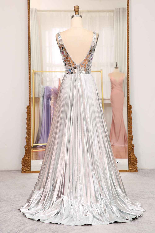 Sparkly A Line Deep V Neck Silver Long Prom Dress with Beading