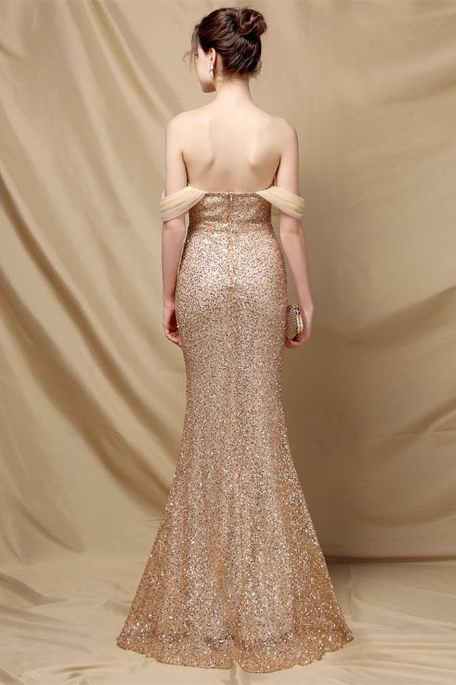 Elegant Off the Shoulder Mermaid Sequins Prom Dress With Sweetheart Buttons BMBRIDE
