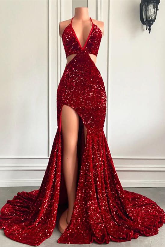 Wine Red Halter Sequins Mermaid Prom Dress with Split BM bride