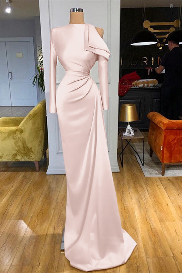 Charming High Neck Champagne Prom Dress Mermaid Long Sleeves With Pleated BMBRIDE