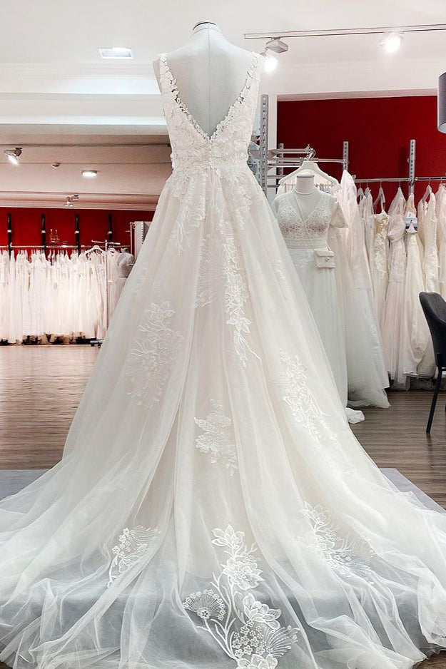 Simple V-Neck Long A-Line Tulle Lace Wedding Dress with Open Back and Appliques BM bride