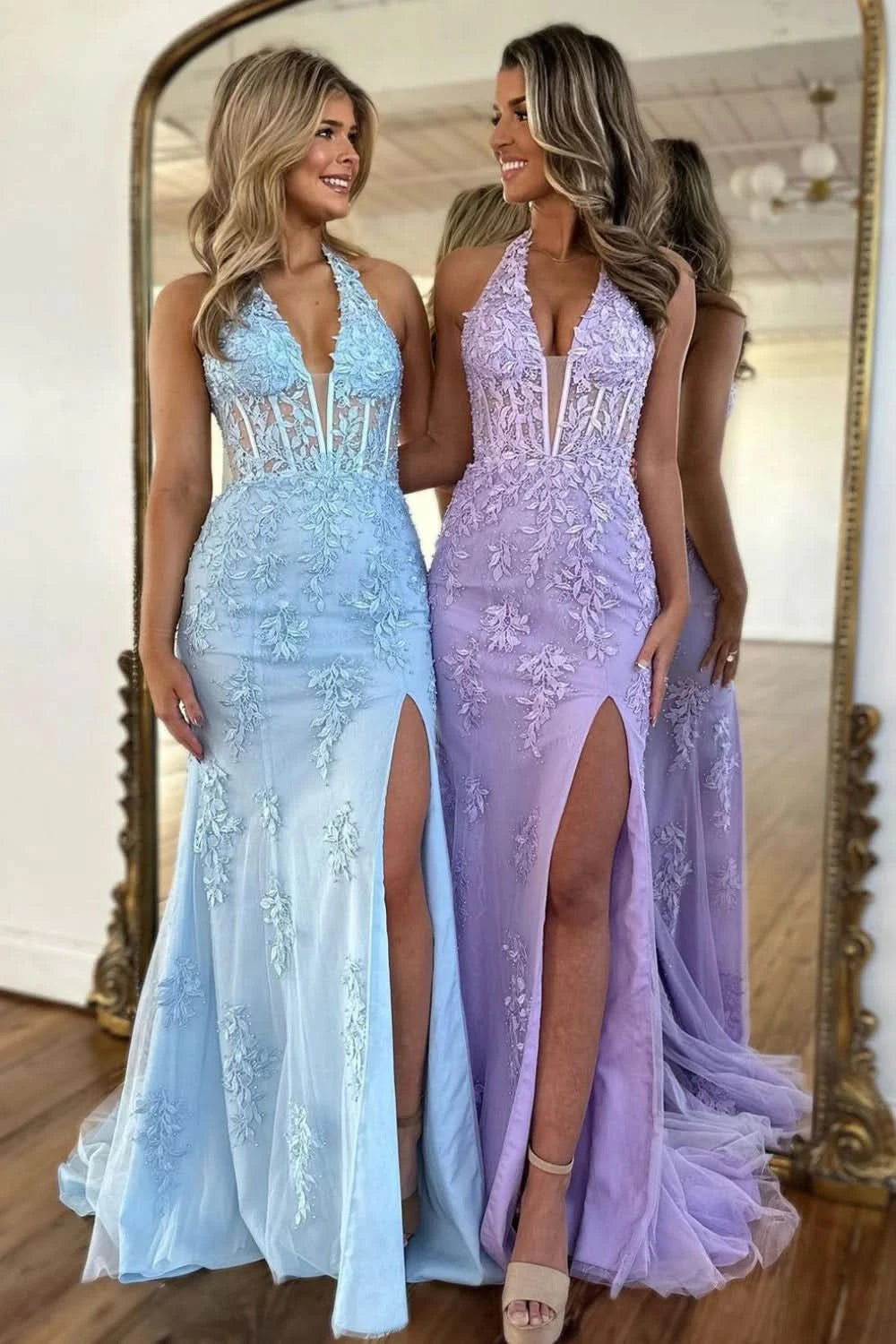 Fitted Lace Blue Prom Dress with Split BM bride
