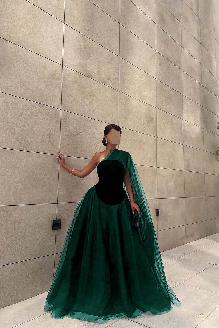 Chic Black Tulle One Shoulder Sleeveless Ball Gown Long Prom Dress BMBRIDE