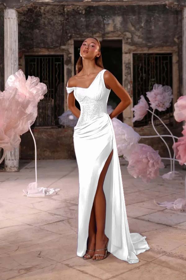 Sleeveless One Shoulder Long Split Prom Dress With Pleated Sequin BMBRIDE