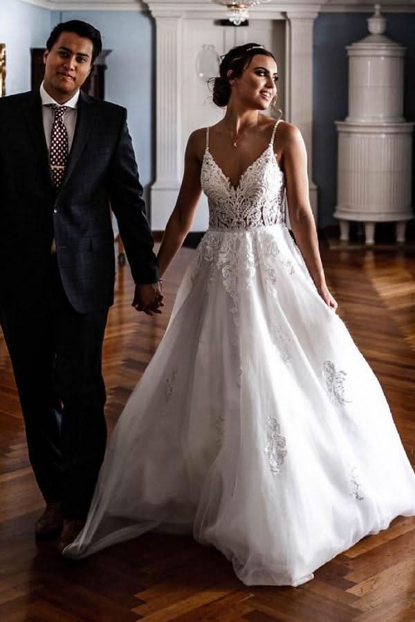 A-line Wedding Dress Spaghetti Strap With Lace Tulle BM bride