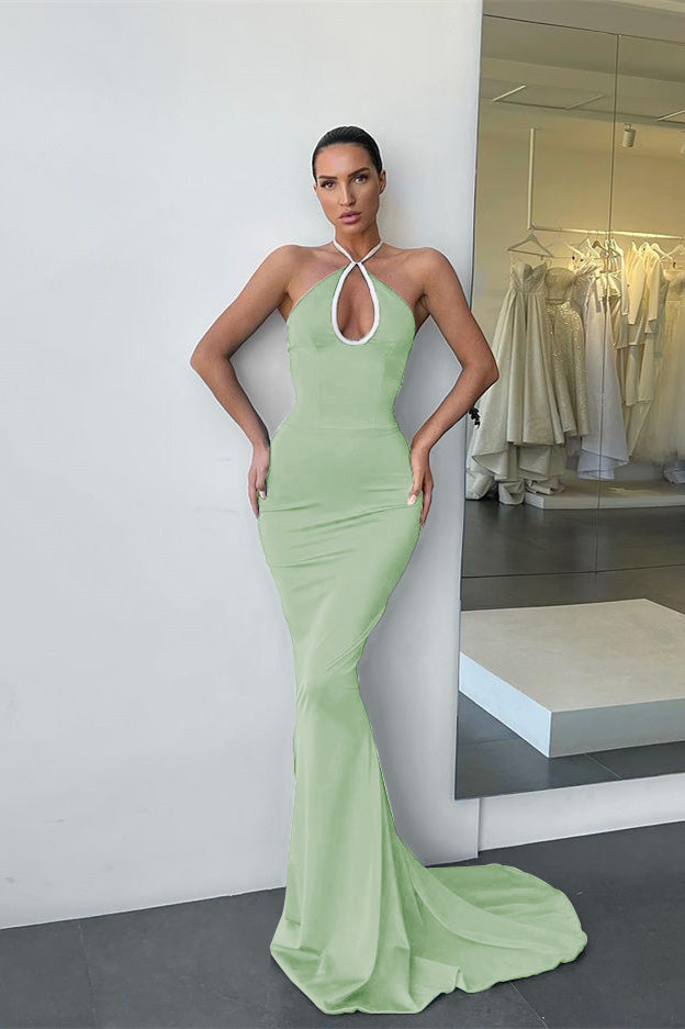 Dark Blue Sleeveless Halter Long Mermaid Prom Dress BM bride