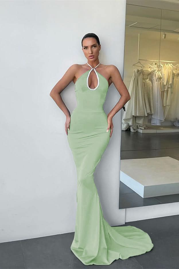 Dark Blue Sleeveless Halter Long Mermaid Prom Dress BM bride
