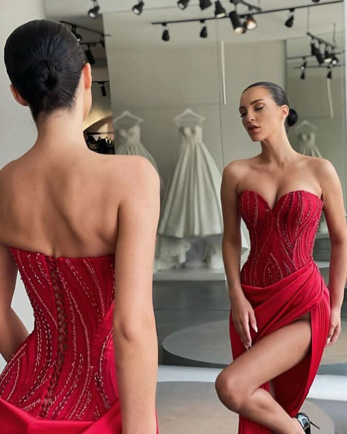Red Sweetheart Sleeveless Mermaid Prom Dress with Beadings and Split BM bride