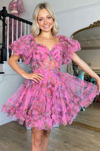 Purple Floral Off the Shoulder A-Line Short Homecoming Dress Bmbride
