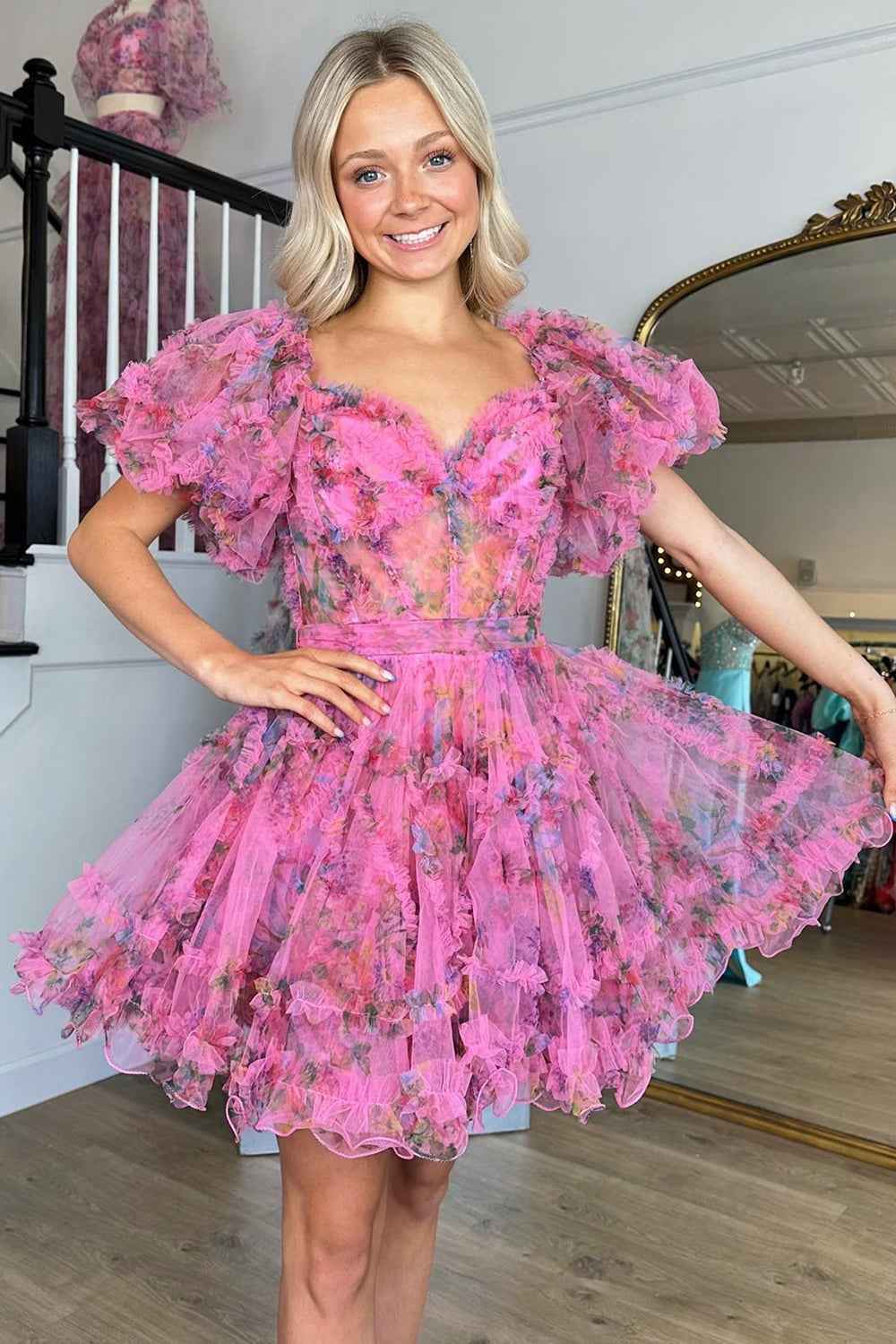 Purple Floral Off the Shoulder A-Line Short Homecoming Dress Bmbride
