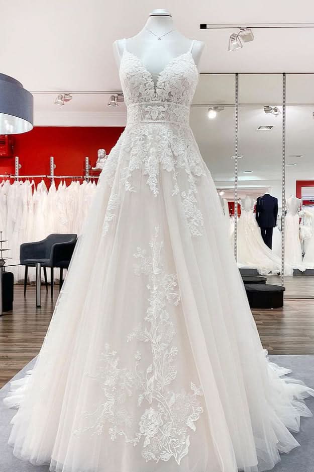 Long A-Line V-Neck Sleeveless Backless Wedding Dress with Tulle Ruffles and Lace Appliques BM bride