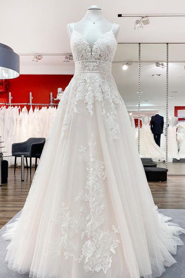 Long A-Line V-Neck Sleeveless Backless Wedding Dress with Tulle Ruffles and Lace Appliques BM bride