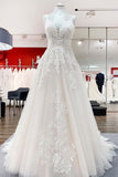 Long A-Line V-Neck Sleeveless Backless Wedding Dress with Tulle Ruffles and Lace Appliques BM bride