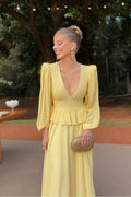 Deep V Neck Long Sleeves Long Prom Dress With Ruffles Pleated