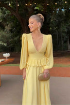 Deep V Neck Long Sleeves Long Prom Dress With Ruffles Pleated