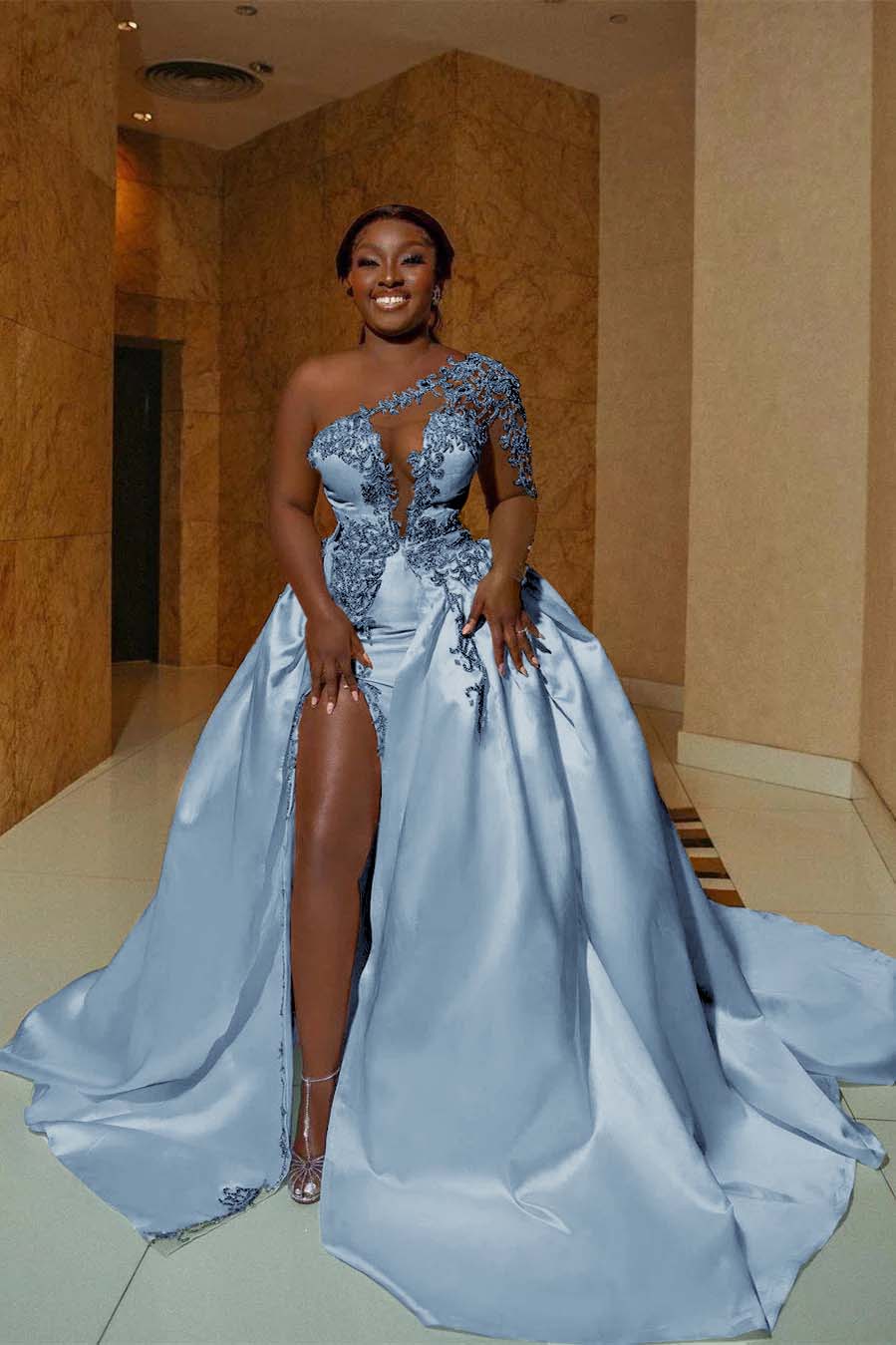 One Shoulder Sleeveless Long Split Prom Dress With Appliques BMBRIDE