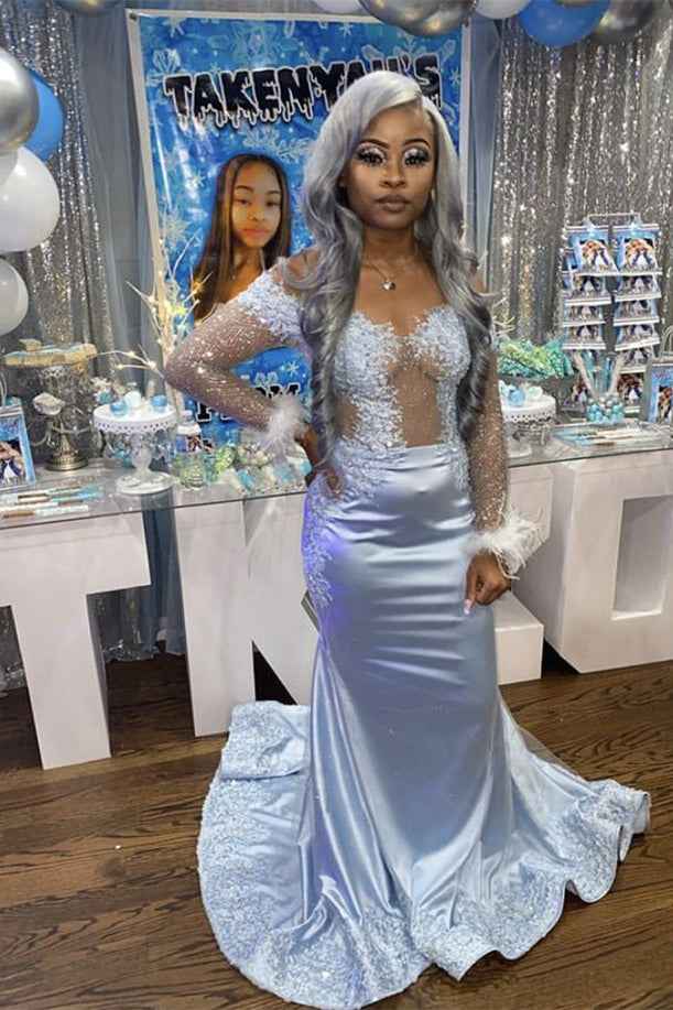 Off the Shoulder Long Sheer Sleeves Mermaid Prom Dress With Appliques Feathers