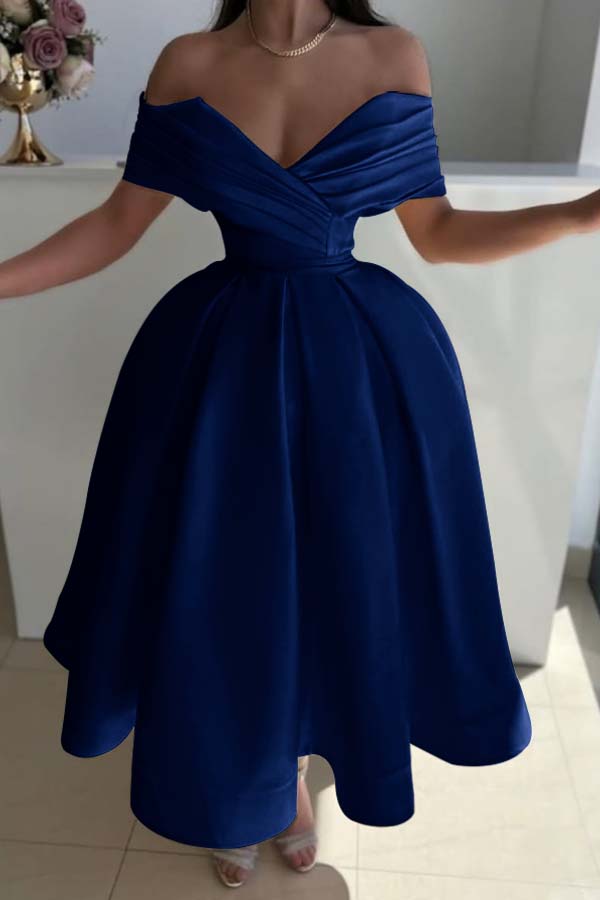 Off the Shoulder Sleeveless A Line Prom Dress With Pleated BMBRIDE