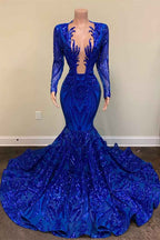 Stunning Mermaid Royal Blue Sequins Prom Dress Long Sleeves With Appliques