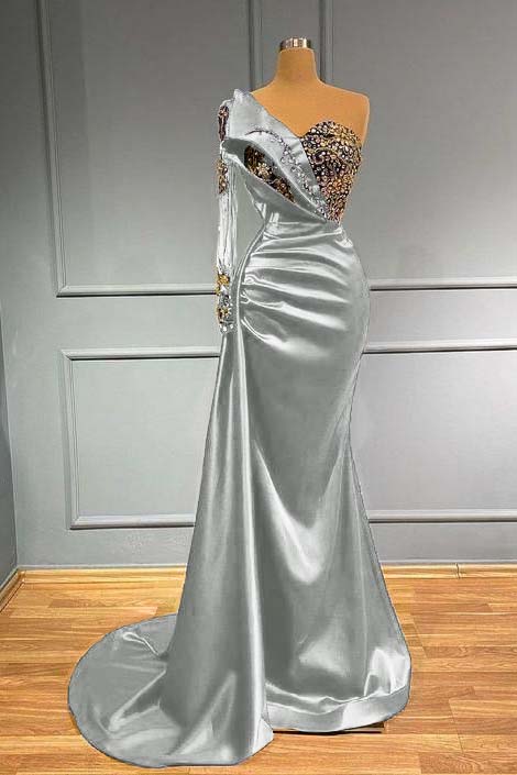 Dark Blue Long Sleeve One Shoulder Pleated Mermaid Prom Dress With Beadings BMBRIDE
