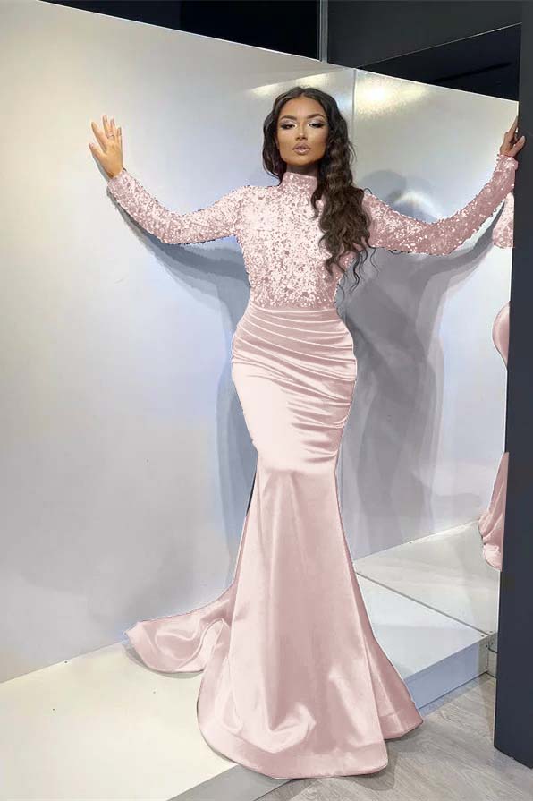 Classic Red Long Mermaid Prom Dress Pleated With Long Sleeves BMBRIDE
