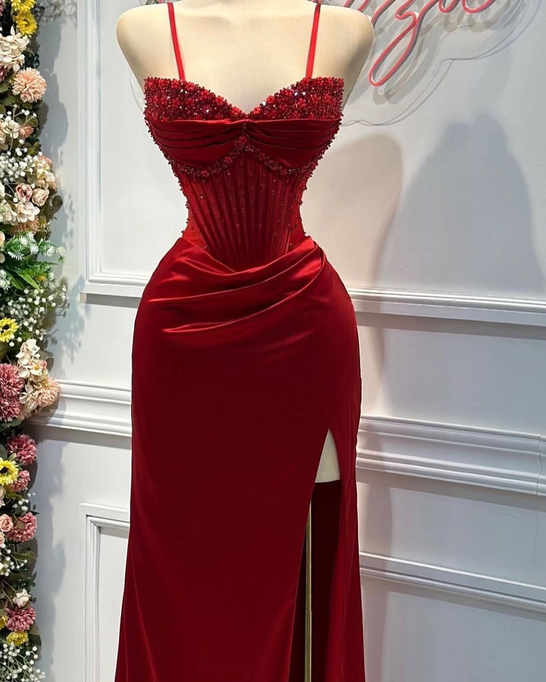 Fashion Red Spaghetti Strap Split Mermaid Prom Dress BM bride