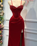 Fashion Red Spaghetti Strap Split Mermaid Prom Dress BM bride