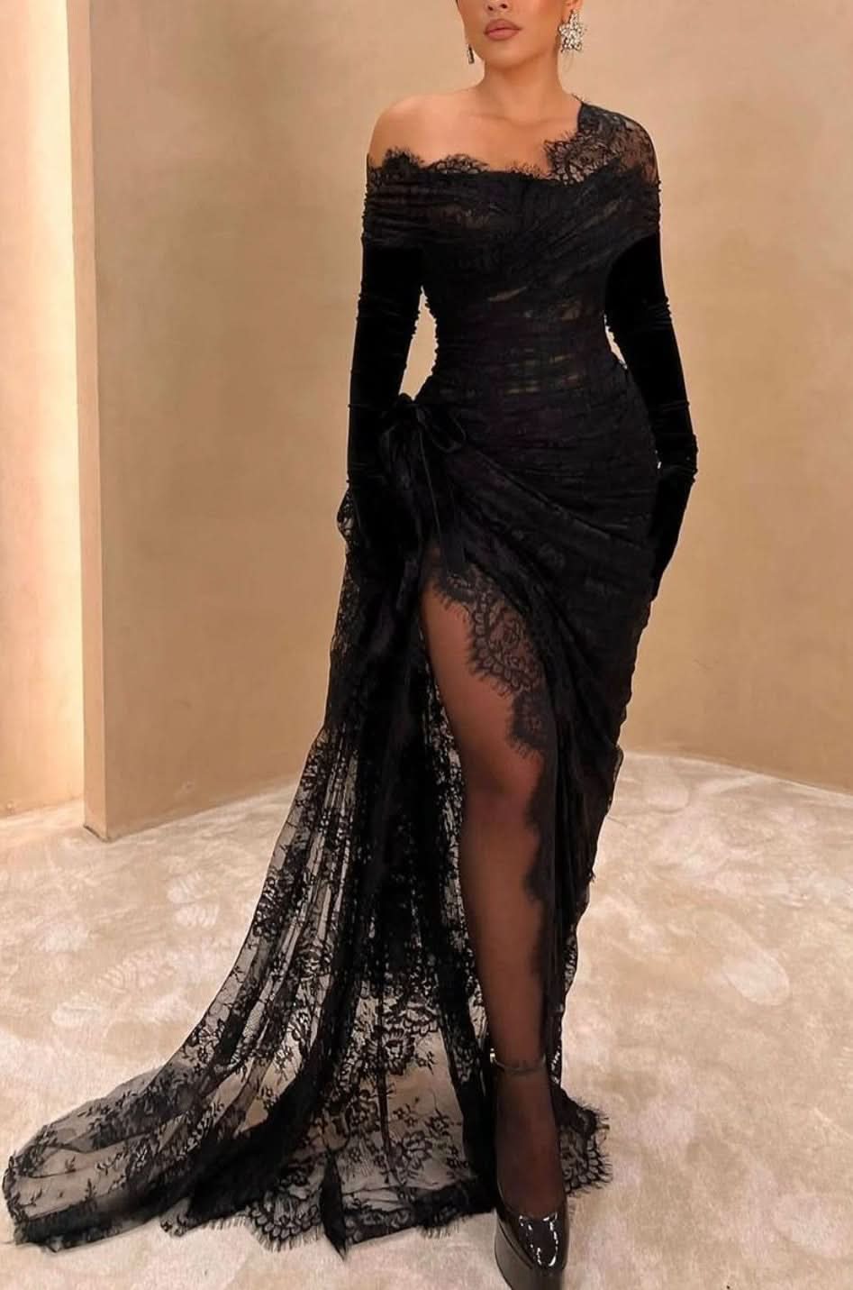 Elegant Black Lace Prom Dress with Asymmetric Design and High Slit Gloves BM bride