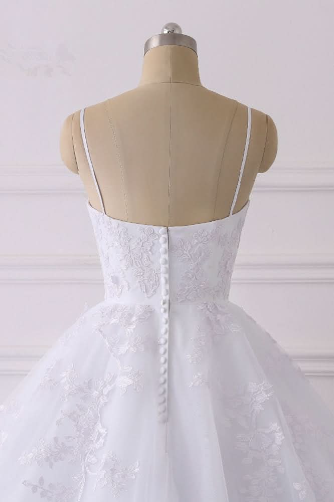 Spaghetti Strap V-Neck Tulle Wedding Dress with Lace Appliques BM bride