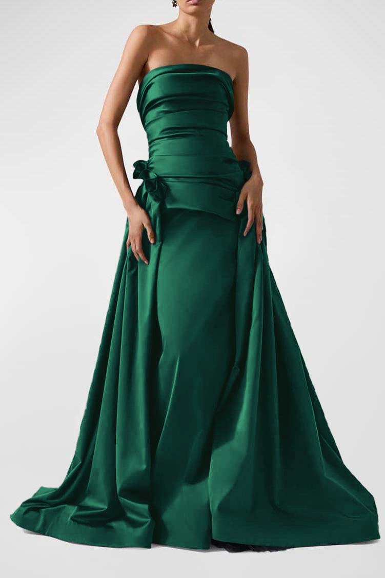 Strapless Backless Sleeveless Long A Line Prom Dress With Pleated BMBRIDE