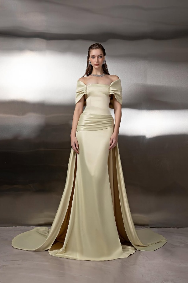 Off the Shoulder Sleeveless Long Mermaid Prom Dress With Pleated BMBRIDE