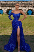 Blue Long Sleeve Mermaid Prom Dress with Front Split BM bride