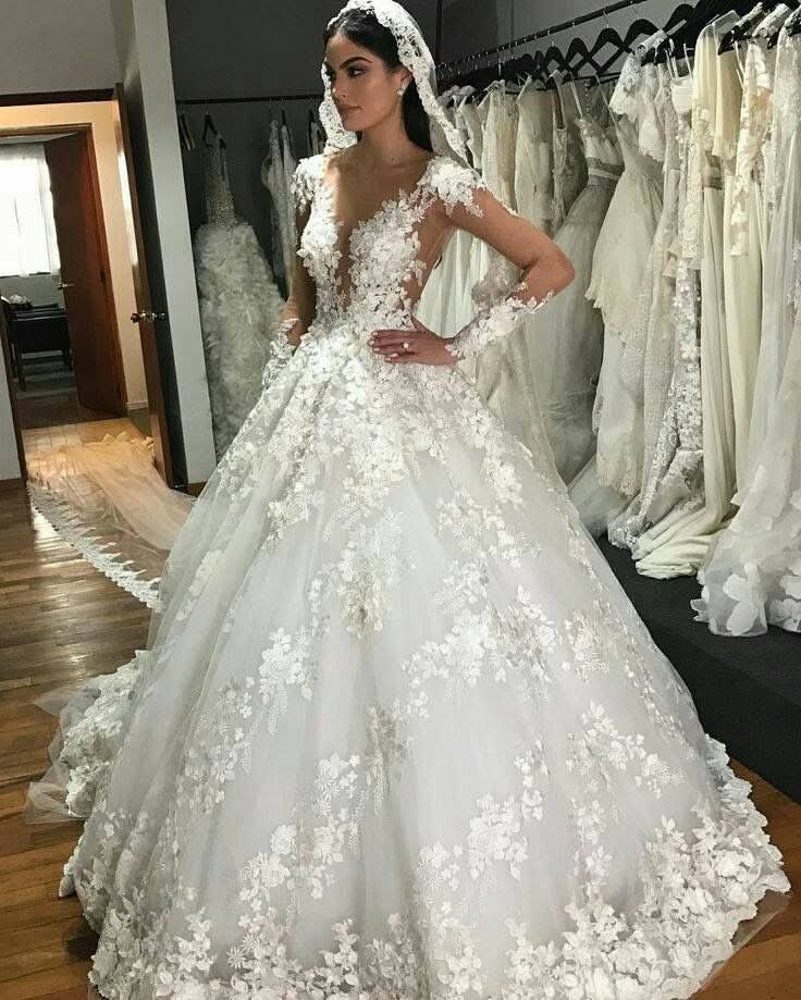 Bateau Long Sleeve Backless Floor-Length Princess Wedding Dress with Lace Appliques and Ruffles BM bride