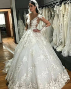 Bateau Long Sleeve Backless Floor-Length Princess Wedding Dress with Lace Appliques and Ruffles BM bride