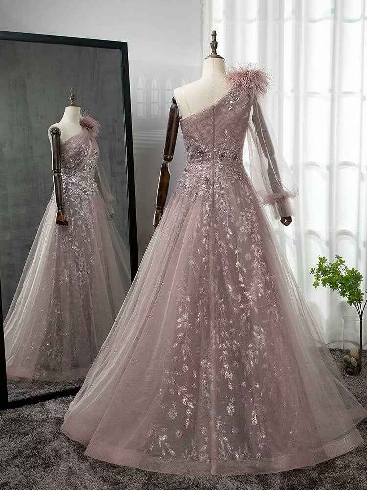 Shinning Blushing Pink One Shoulder Appliques Embroidery Prom Dress