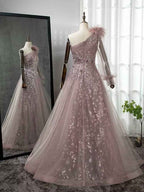 Shinning Blushing Pink One Shoulder Appliques Embroidery Prom Dress