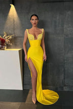 Yellow Sequin Straps Mermaid Prom Dress with Slit BM bride