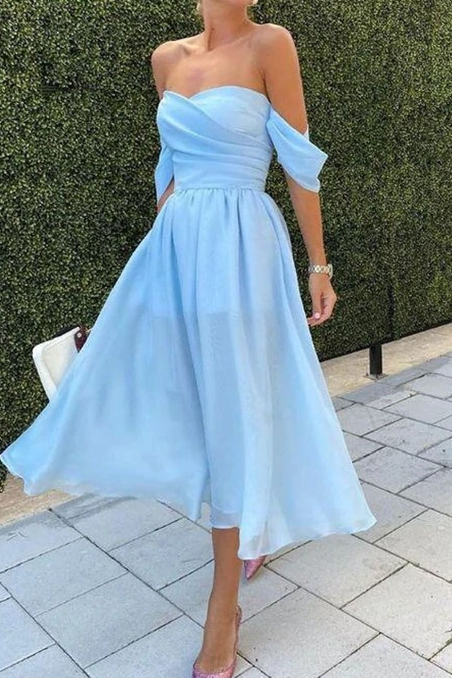 Baby Blue Off-the-Shoulder Strapless Short Evening Dress BM bride