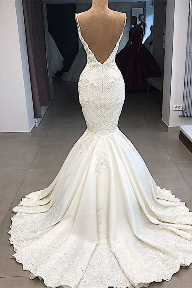 Detachable Skirt Spaghetti Strap Mermaid Wedding Dress with Ruffle Appliques BM bride