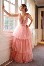 Tulle Straps V Neck Sleeveless Long Prom Dress With Ruffles