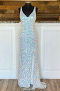 Sparkle Mermaid Sleeveless Evening Dress Split Spaghetti Strap With Sequins