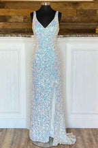 Sparkle Mermaid Sleeveless Evening Dress Split Spaghetti Strap With Sequins