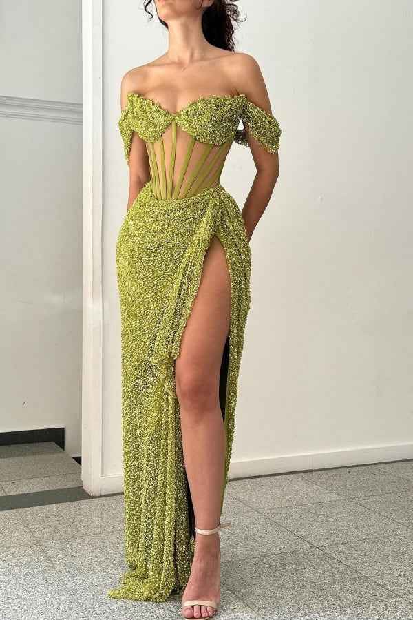 One Shoulder Sleeveless Long Mermaid Split Prom Dress With Sequins